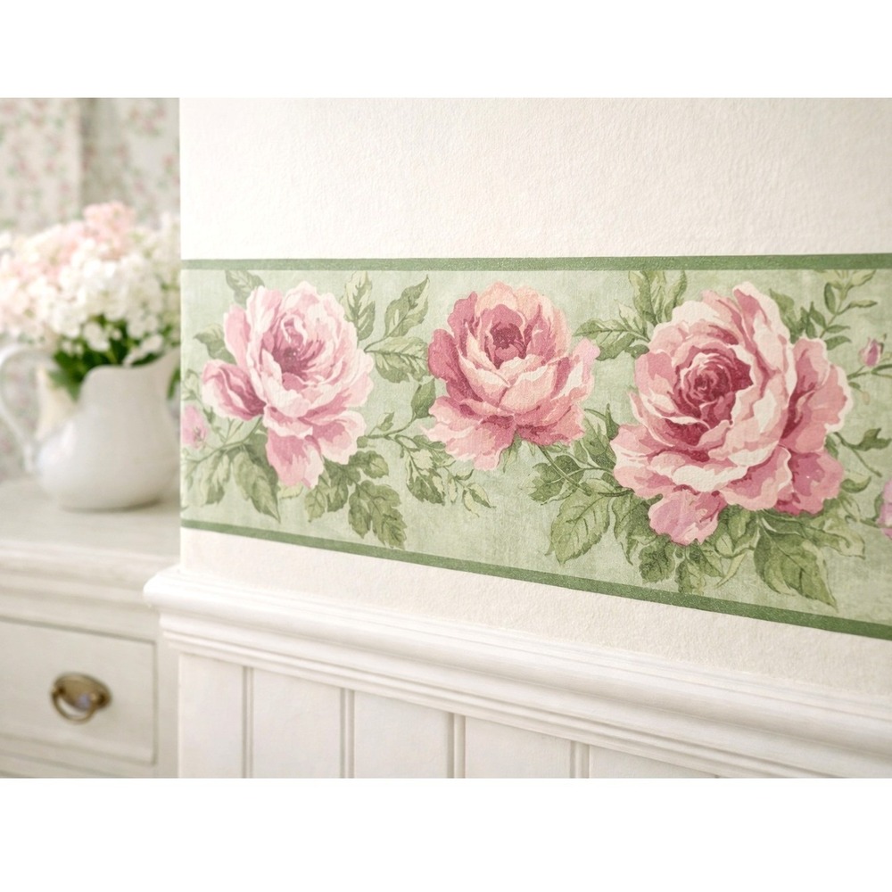 VINTAGE Springmaid Green Antique Rose Decorative Wall Border 15ft Cottagecore